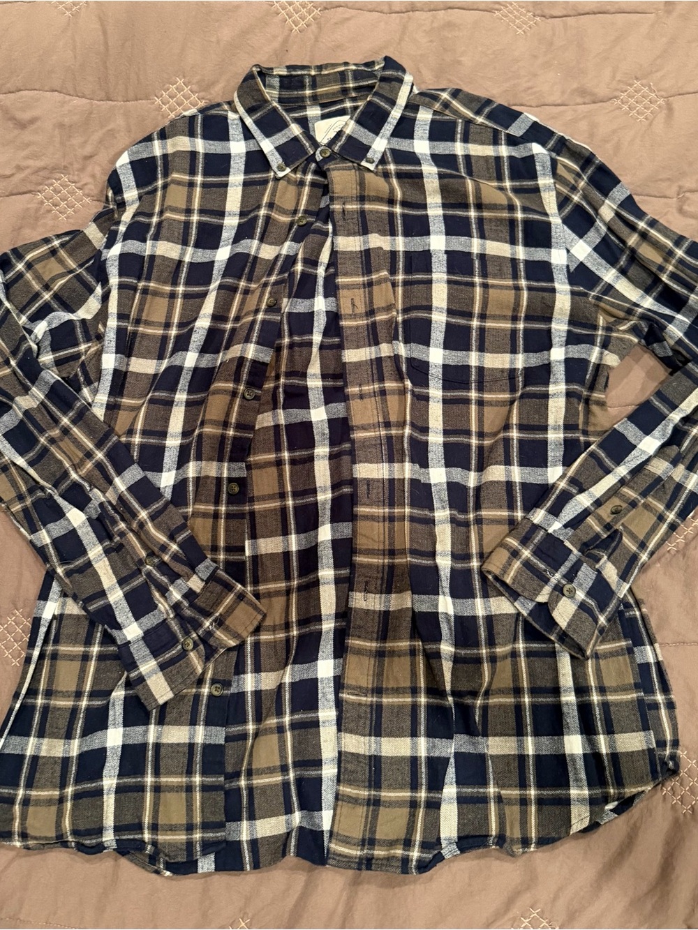 St. John's Bay Navy, Tan and White Plaid Button-Down Shirt